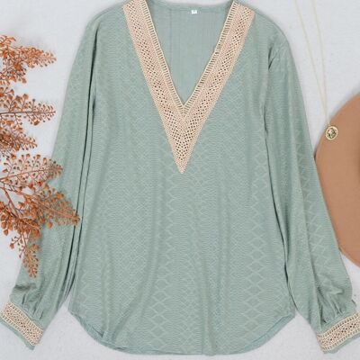 Crochet Detail V Neck Sweater-Green
