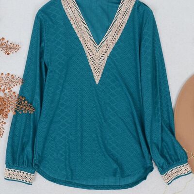Suéter con cuello en V y detalle de crochet-Verde azulado