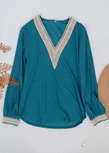 Pull à col en V avec détails en crochet - Bleu sarcelle