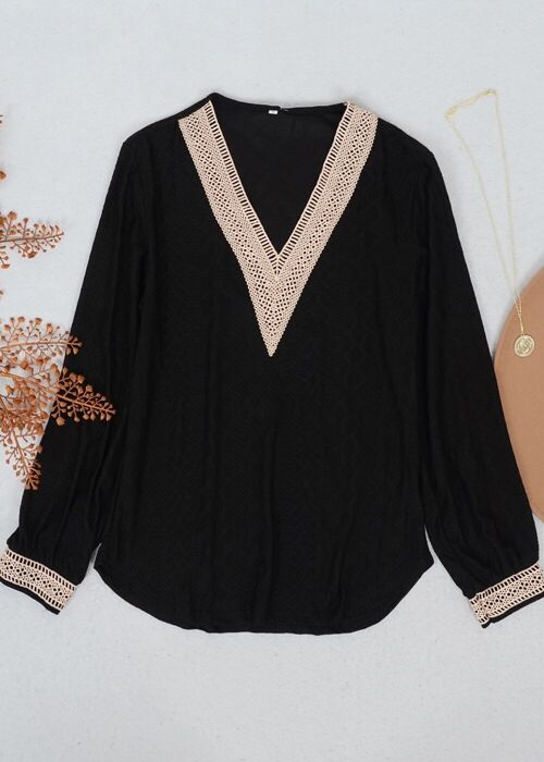 Crochet Detail V Neck Sweater-Black