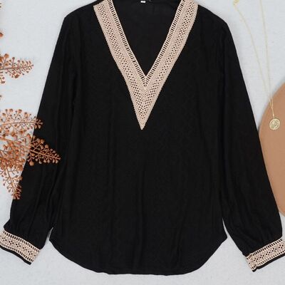 Crochet Detail V Neck Sweater-Black