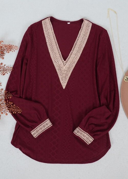 Crochet Detail V Neck Sweater-Burgundy