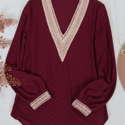 Crochet Detail V Neck Sweater-Burgundy