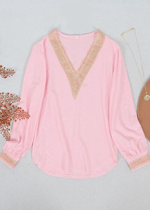 Crochet Detail V Neck Sweater-Pink