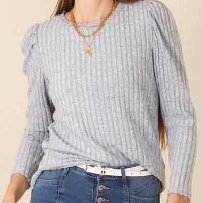 Pleated Long Sleeve Knit Sweater-Light Blue