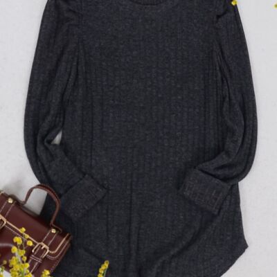 Pleated Long Sleeve Knit Sweater-Black