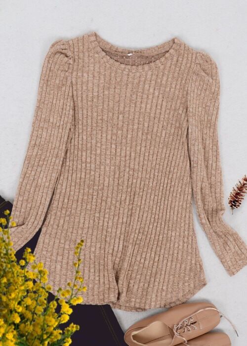 Pleated Long Sleeve Knit Sweater-Brown