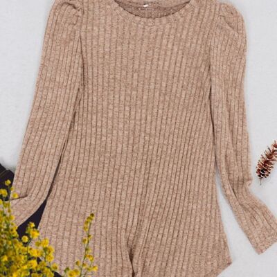 Pleated Long Sleeve Knit Sweater-Brown