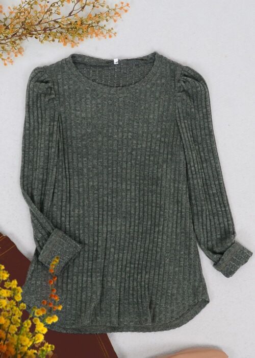 Pleated Long Sleeve Knit Sweater-Green