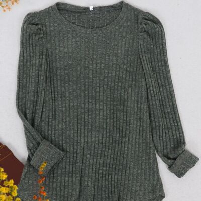 Pleated Long Sleeve Knit Sweater-Green
