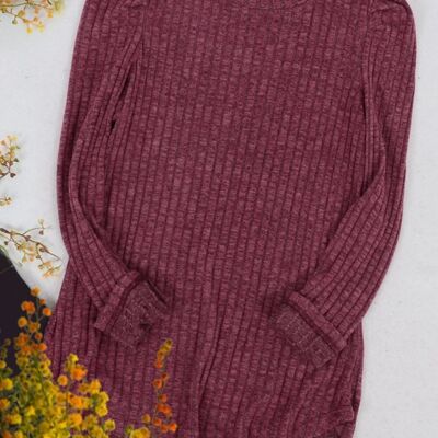 Pleated Long Sleeve Knit Sweater-Burgundy
