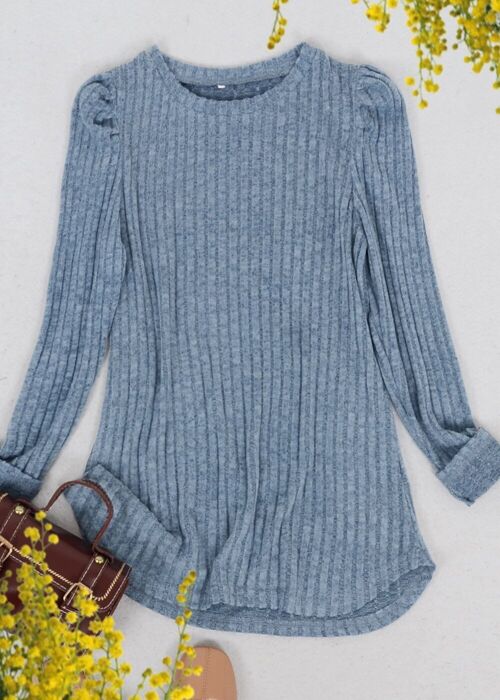 Pleated Long Sleeve Knit Sweater-Blue