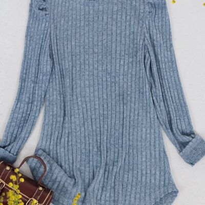 Pleated Long Sleeve Knit Sweater-Blue