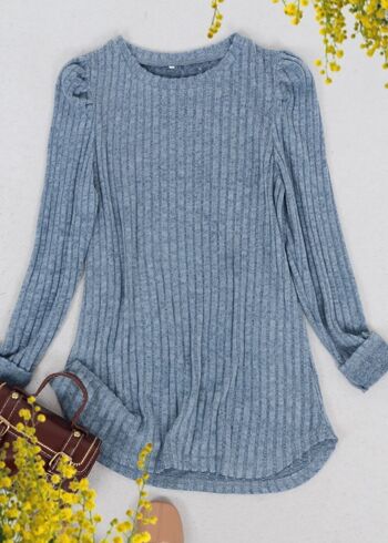 Pull en tricot plissé à manches longues-Bleu