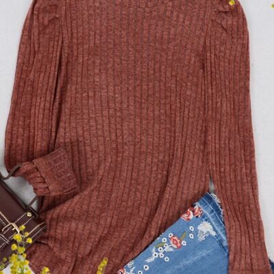 Pleated Long Sleeve Knit Sweater-Rustic Red