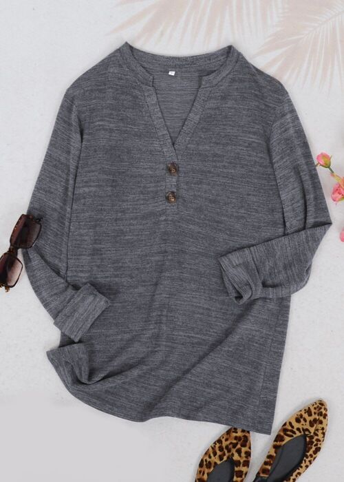 Split V Neck Button Front Sweater-Gray