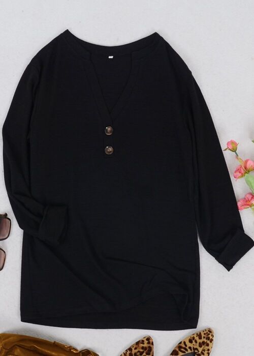Split V Neck Button Front Sweater-Black