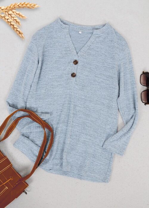 Split V Neck Button Front Sweater-Light Blue