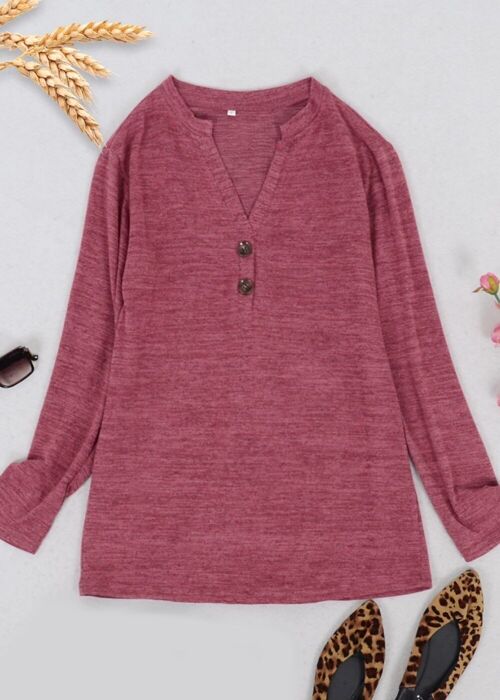 Split V Neck Button Front Sweater-Red
