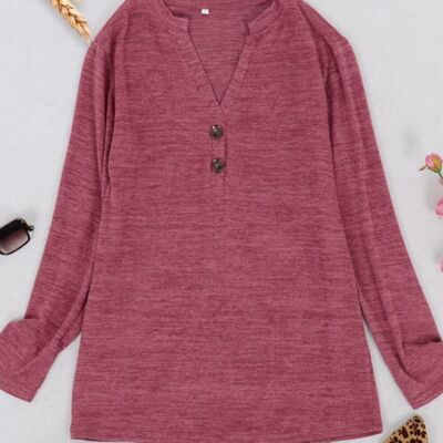 Split V Neck Button Front Sweater-Red