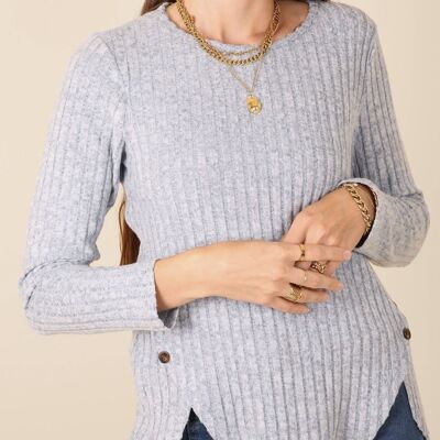 Curved Hem Side Button Sweater-Light Blue