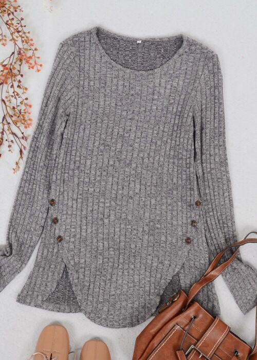 Curved Hem Side Button Sweater-Gray