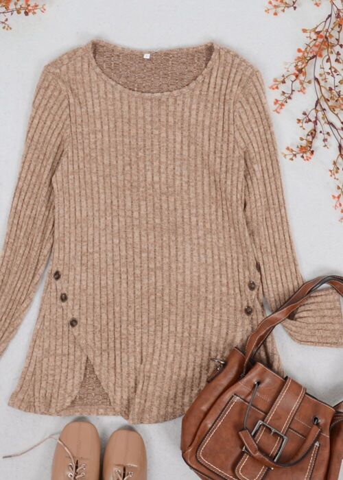 Curved Hem Side Button Sweater-Brown