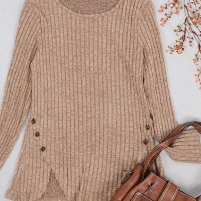 Curved Hem Side Button Sweater-Brown