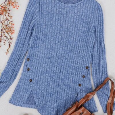 Curved Hem Side Button Sweater-Blue