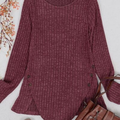 Curved Hem Side Button Sweater-Burgundy