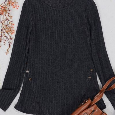 Curved Hem Side Button Sweater-Black