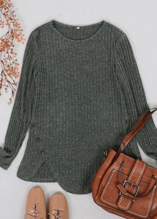 Curved Hem Side Button Sweater-Green