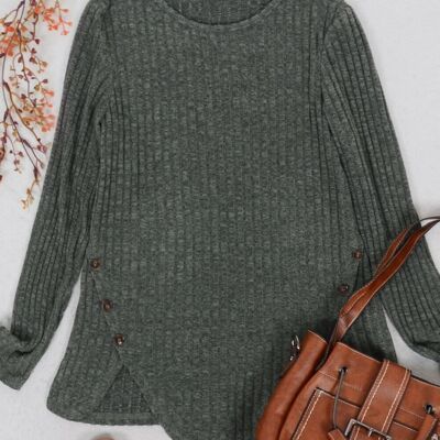 Curved Hem Side Button Sweater-Green