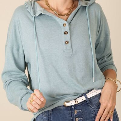 Drop Shoulder Button Front Hooded Sweater-Light Blue