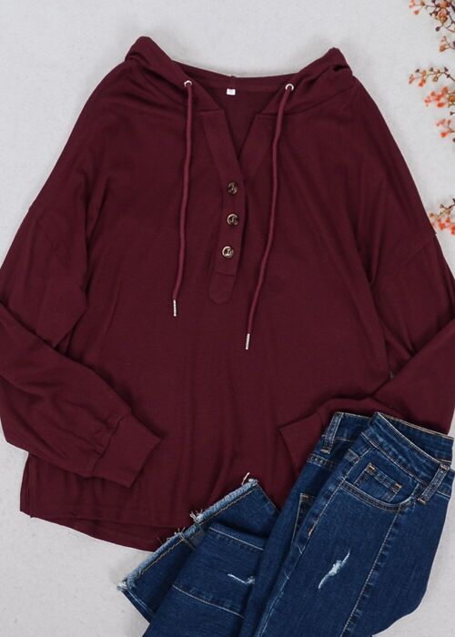 Drop Shoulder Button Front Hooded Sweater-Burgundy