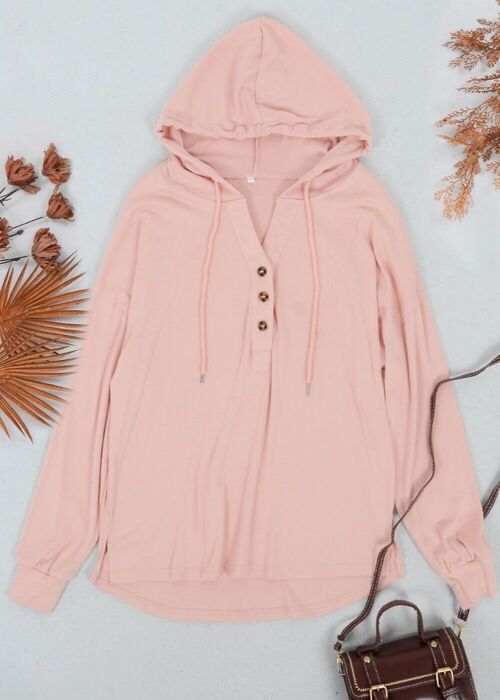 Drop Shoulder Button Front Hooded Sweater-Pink