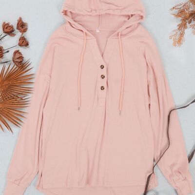 Drop Shoulder Button Front Hooded Sweater-Pink