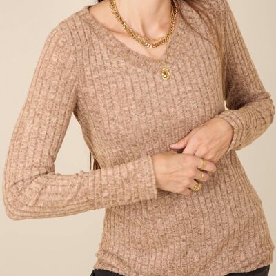 Solid Color Ribbed Knit Sweater-Beige