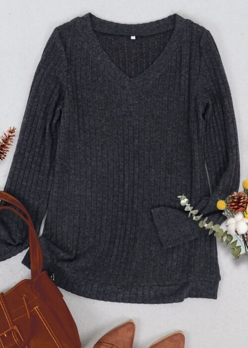 Solid Color Ribbed Knit Sweater-Black