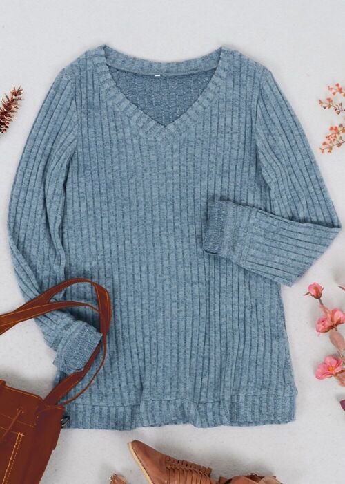Solid Color Ribbed Knit Sweater-Blue