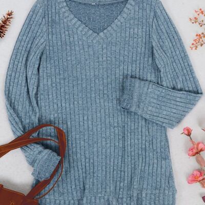 Solid Color Ribbed Knit Sweater-Blue