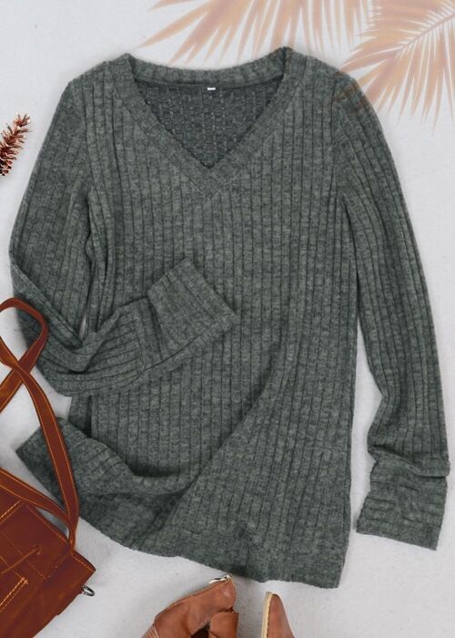 Solid Color Ribbed Knit Sweater-Green