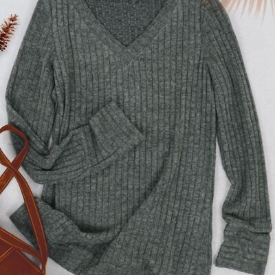Solid Color Ribbed Knit Sweater-Green