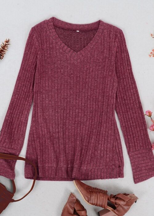 Solid Color Ribbed Knit Sweater-Burgundy