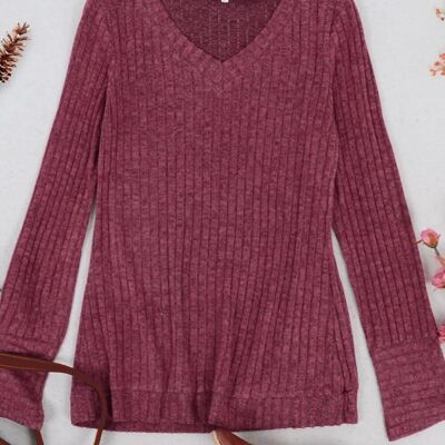 Suéter de punto acanalado de color liso-Borgoña