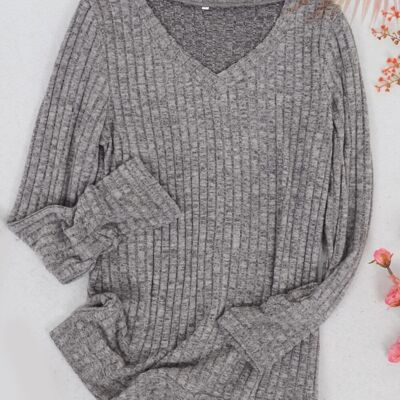Solid Color Ribbed Knit Sweater-Gray