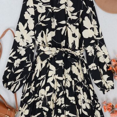 High Neck Floral Pleated Dress-Black