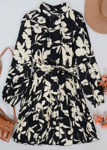 Robe plissée florale à col haut-Noir