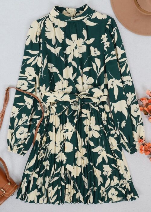 High Neck Floral Pleated Dress-Green