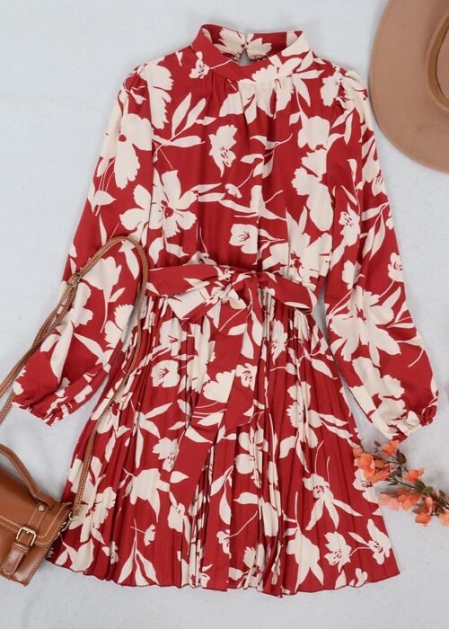 High Neck Floral Pleated Dress-Red